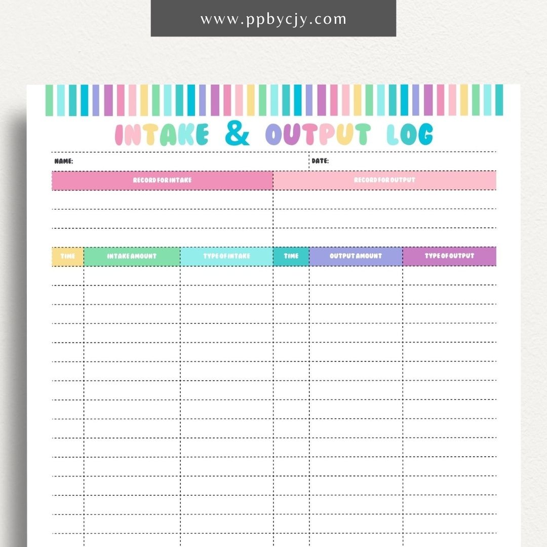 Intake Output Log Printable Template – Digital download for tracking and recording fluid intake and output measurements.