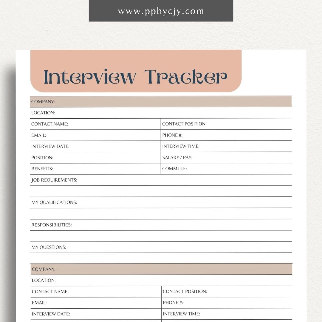 Job Interview Tracker Printable Template – Digital download for managing and recording details of job interviews, including dates, companies, and follow-up actions.