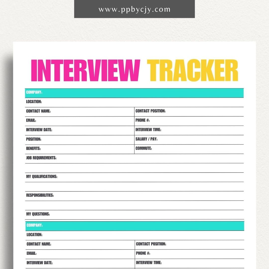 Job Interview Tracker Printable Template – Digital download for managing and recording details of job interviews, including dates, companies, and follow-up actions.