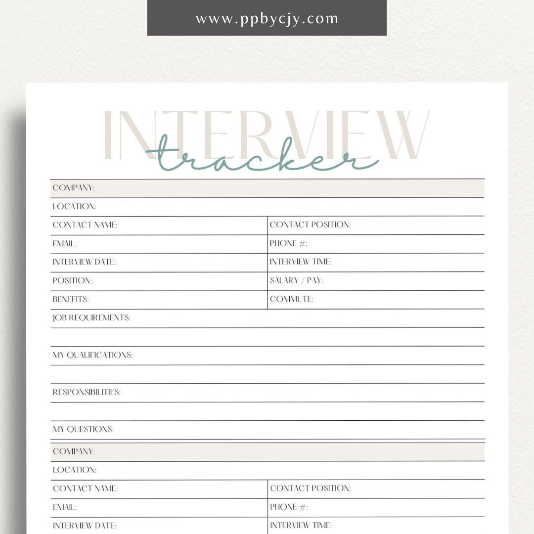 Job Interview Tracker Printable Template – Digital download for managing and recording details of job interviews, including dates, companies, and follow-up actions.