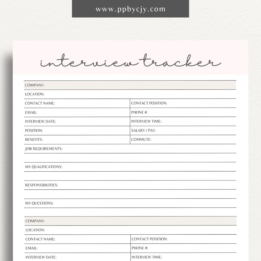 Job Interview Tracker Printable Template – Digital download for managing and recording details of job interviews, including dates, companies, and follow-up actions.