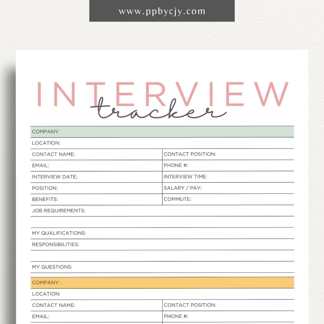 Job Interview Tracker Printable Template – Digital download for managing and recording details of job interviews, including dates, companies, and follow-up actions.