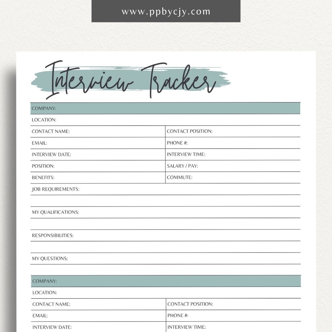 Job Interview Tracker Printable Template – Digital download for managing and recording details of job interviews, including dates, companies, and follow-up actions.