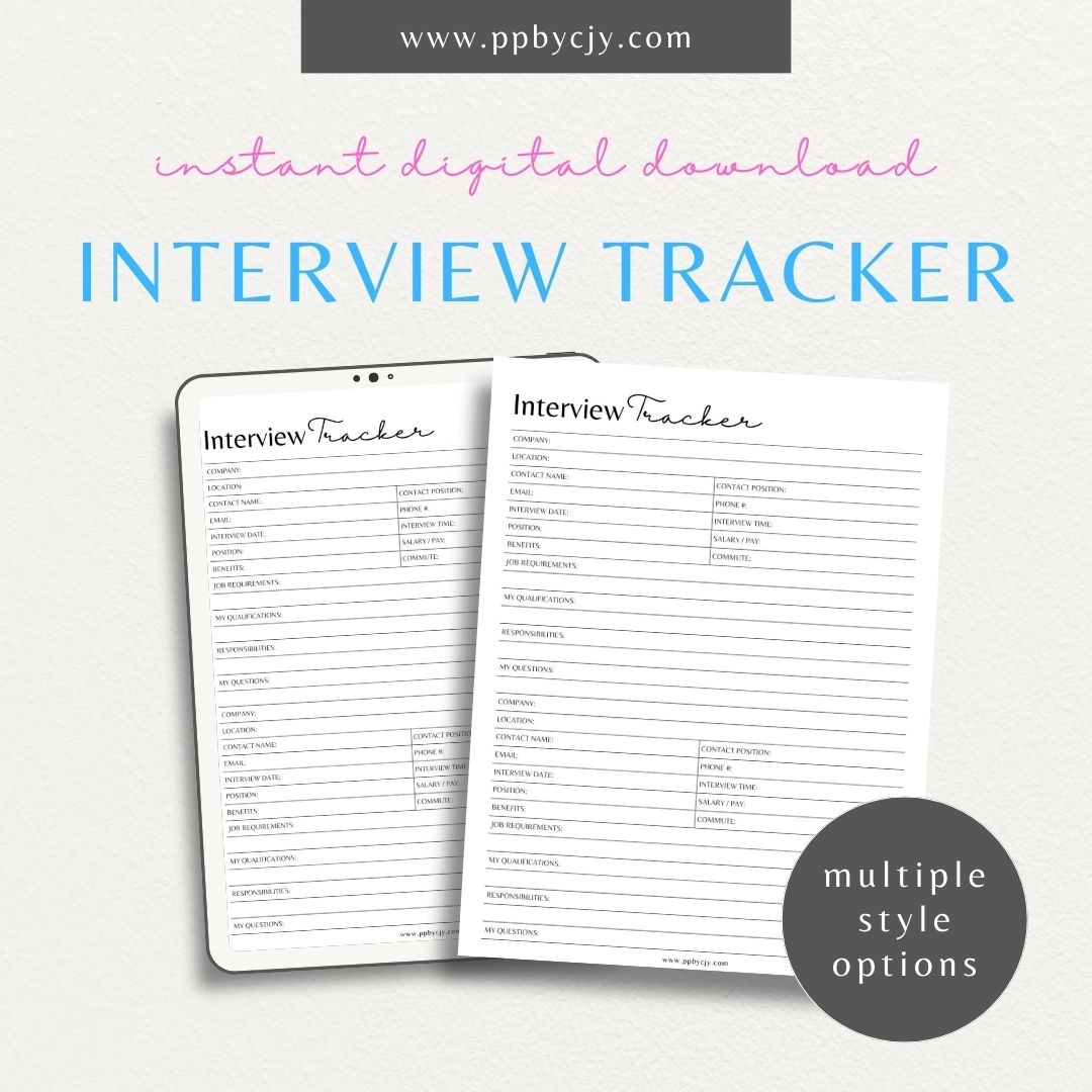 Job Interview Tracker Printable Template – Digital download for managing and recording details of job interviews, including dates, companies, and follow-up actions.
