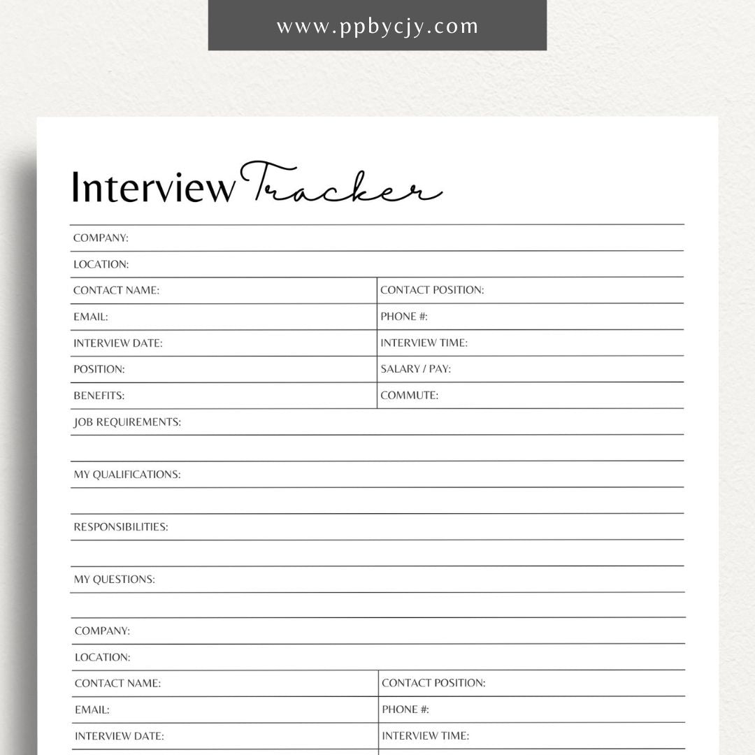 Job Interview Tracker Printable Template – Digital download for managing and recording details of job interviews, including dates, companies, and follow-up actions.