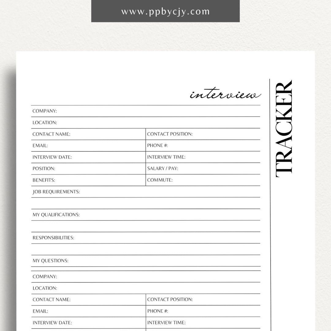 Job Interview Tracker Printable Template – Digital download for managing and recording details of job interviews, including dates, companies, and follow-up actions.