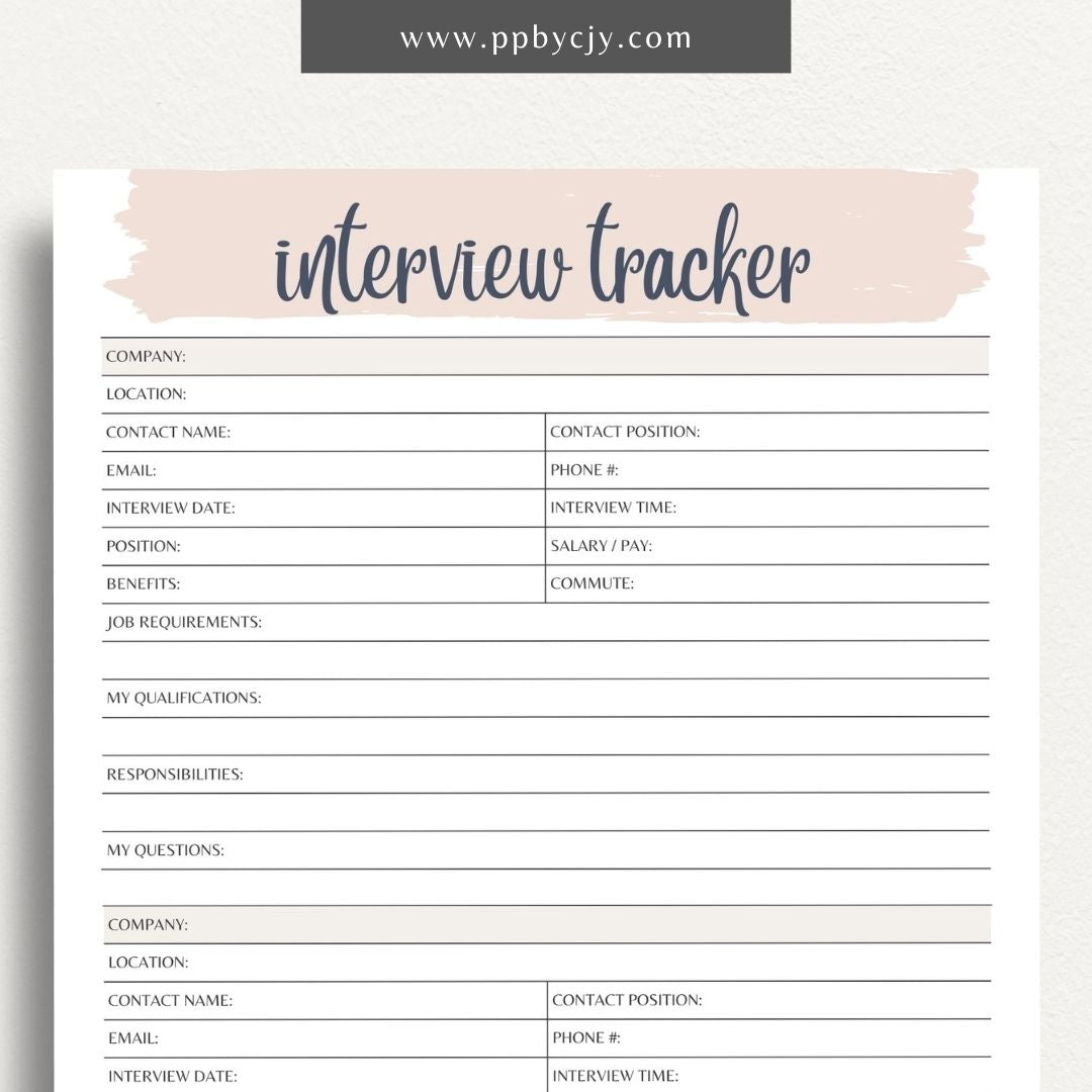 Job Interview Tracker Printable Template – Digital download for managing and recording details of job interviews, including dates, companies, and follow-up actions.
