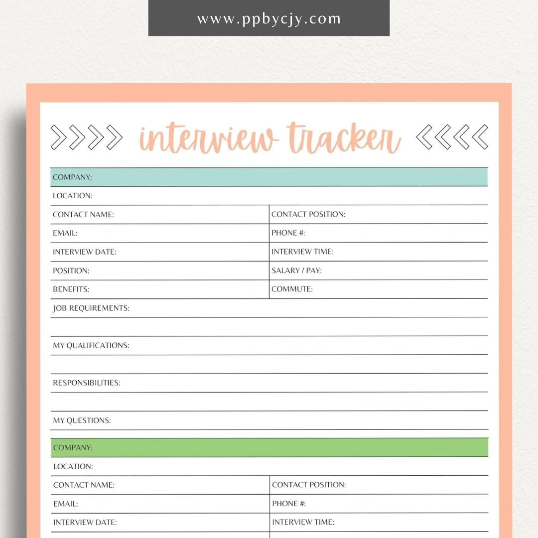 Job Interview Tracker Printable Template – Digital download for managing and recording details of job interviews, including dates, companies, and follow-up actions.