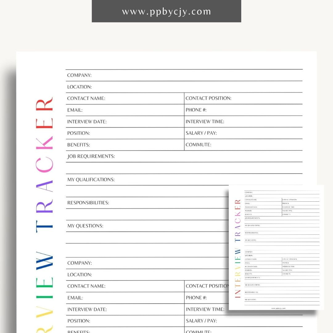 Job Interview Tracker Printable Template – Digital download for managing and recording details of job interviews, including dates, companies, and follow-up actions.