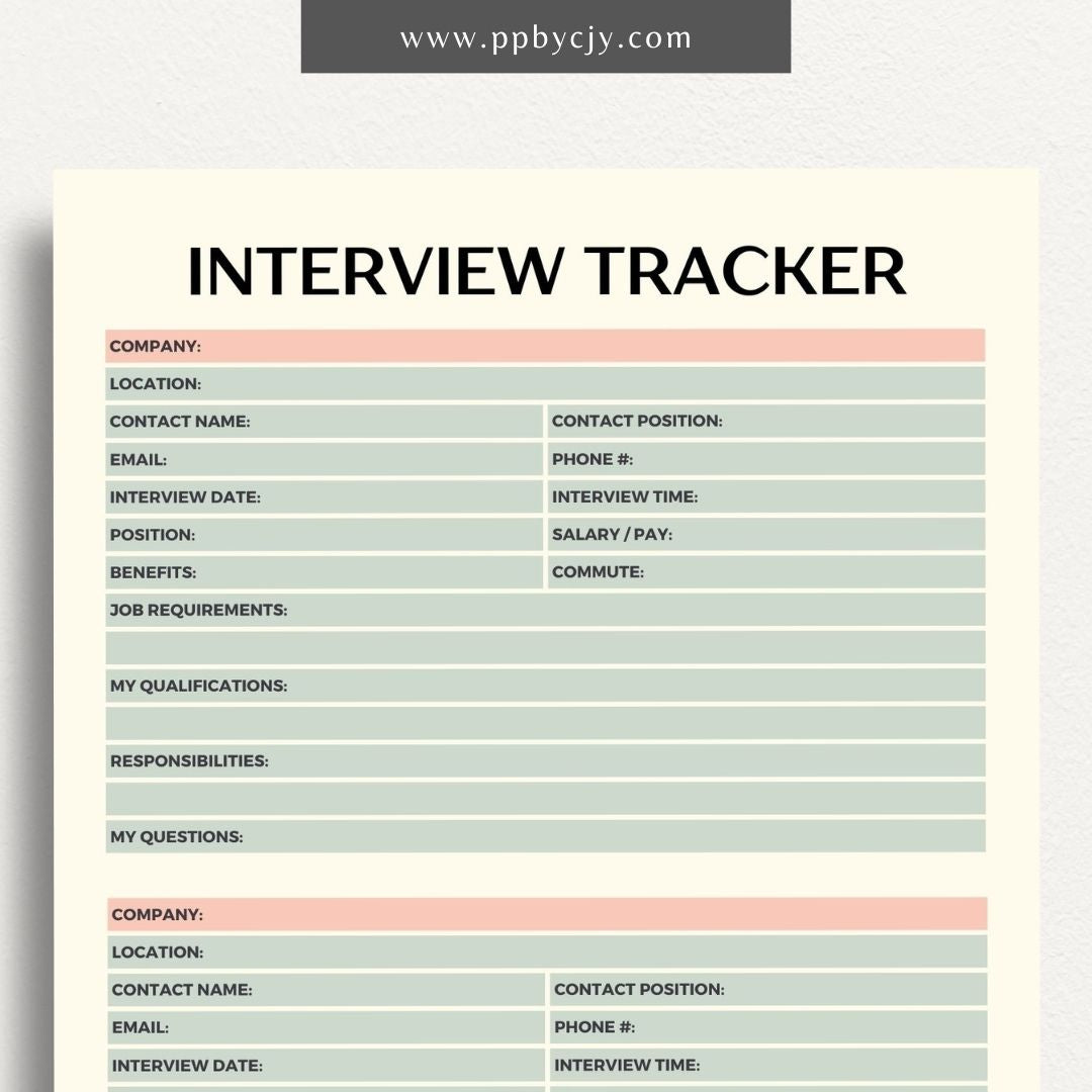 Job Interview Tracker Printable Template – Digital download for managing and recording details of job interviews, including dates, companies, and follow-up actions.