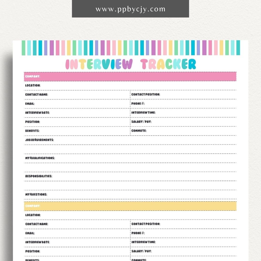 Job Interview Tracker Printable Template – Digital download for managing and recording details of job interviews, including dates, companies, and follow-up actions.