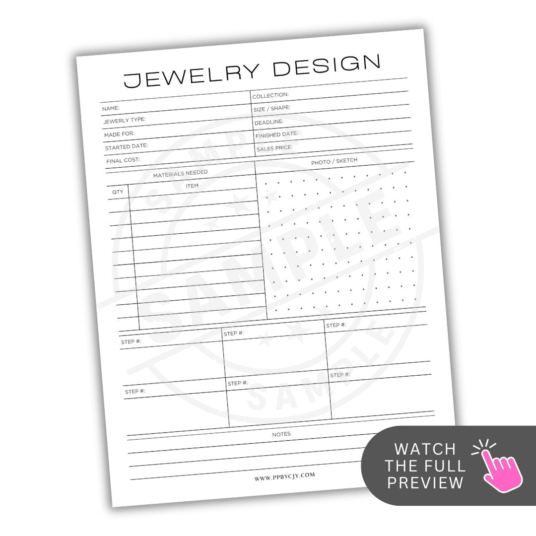 Jewelry design worksheet with various fields for details on a white background.