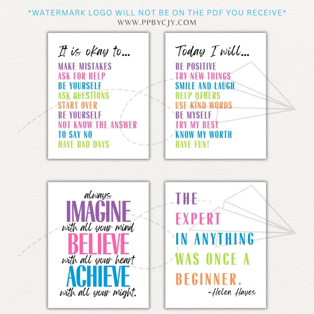 Playroom educational wall art printable set with 8 motivational prints featuring phrases like It’s OK To…, Playroom Rules, and Always Treat Others…