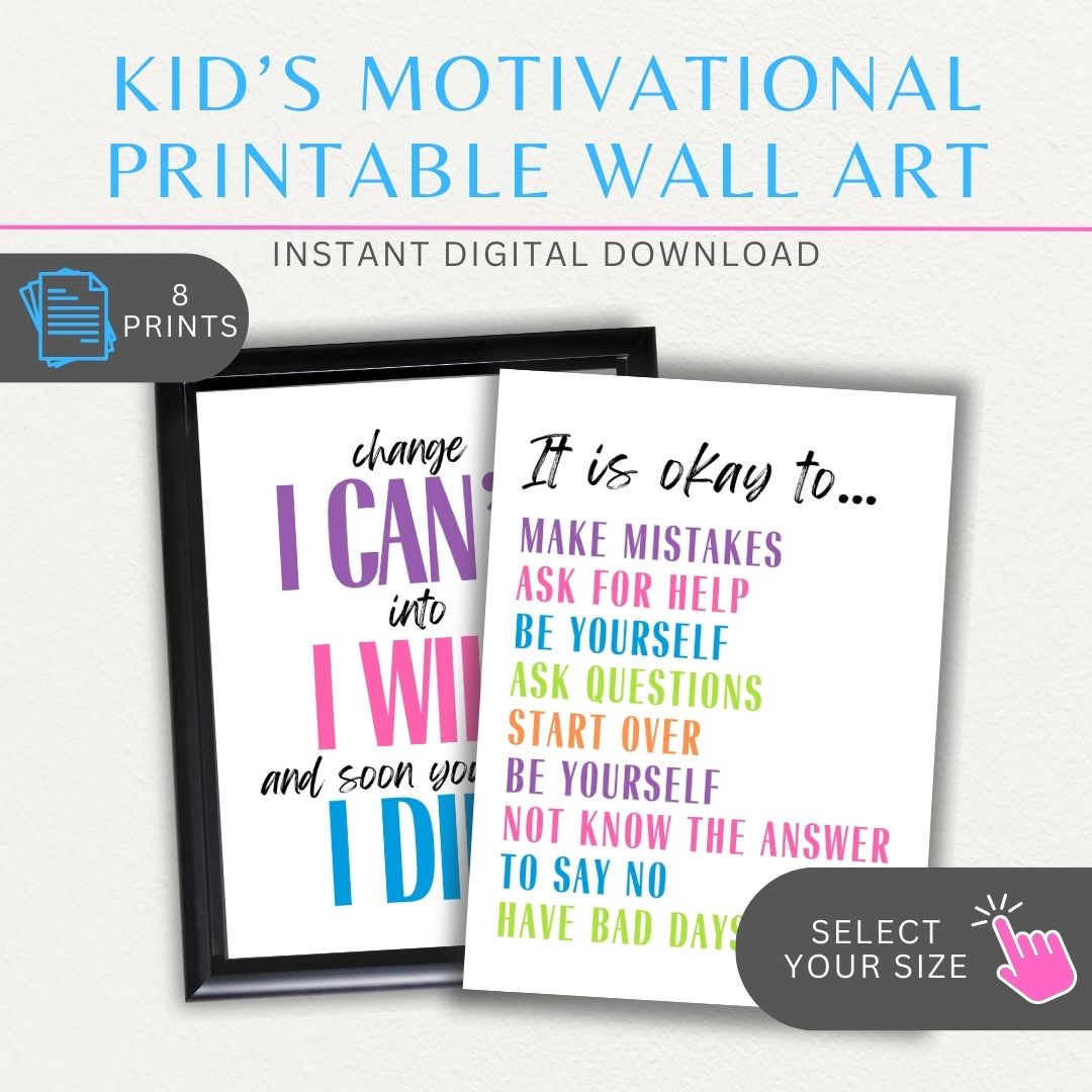 Playroom educational wall art printable set with 8 motivational prints featuring phrases like It’s OK To…, Playroom Rules, and Always Treat Others…