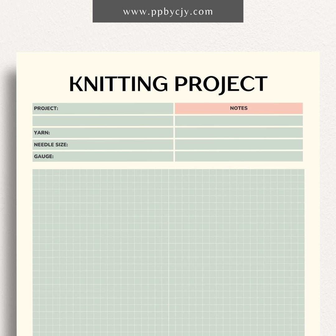 Knitting Project Plan Printable Template – Digital download for organizing and planning your knitting projects, including patterns, materials, and progress tracking.