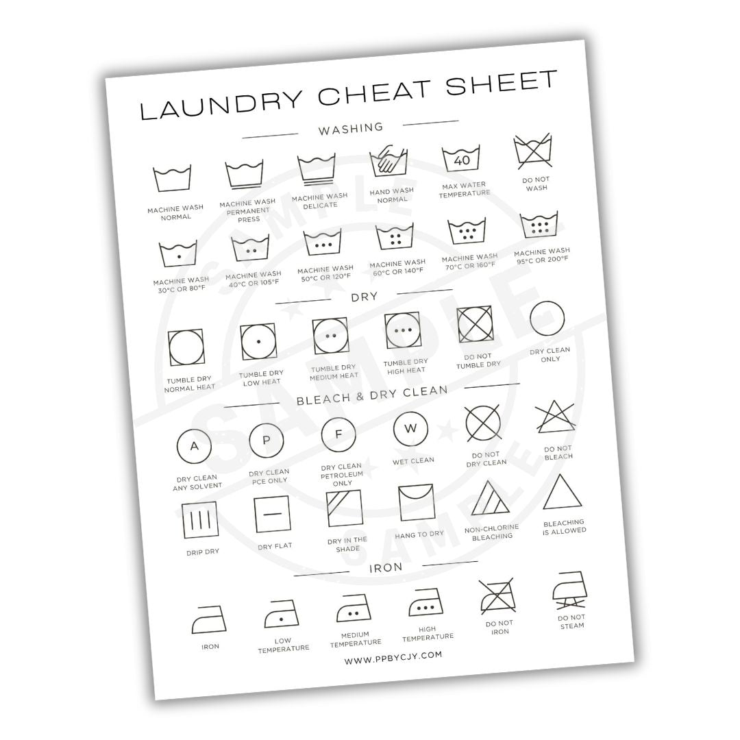 Laundry cheat sheet with symbols and text on a white background