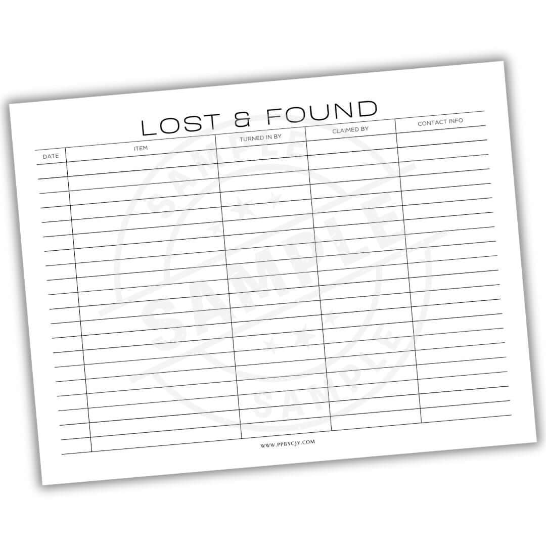 Lost and found sheet with columns for date, item, claimed by, and contact info.
