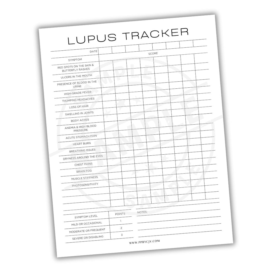 Lupus tracker sheet with symptom checklist on a white background