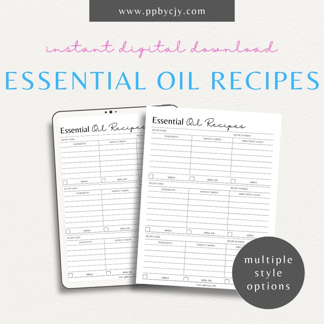Essential Oils Recipes Printable Template – Digital Download for Organizing and Tracking Recipes with sections for ingredients, instructions, and notes on essential oil blends and uses.