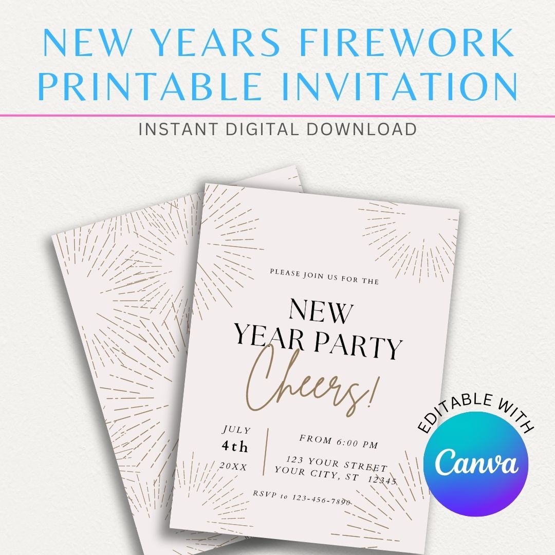 New Year's Eve Firework Printable Invitation with colorful fireworks for a festive celebration.