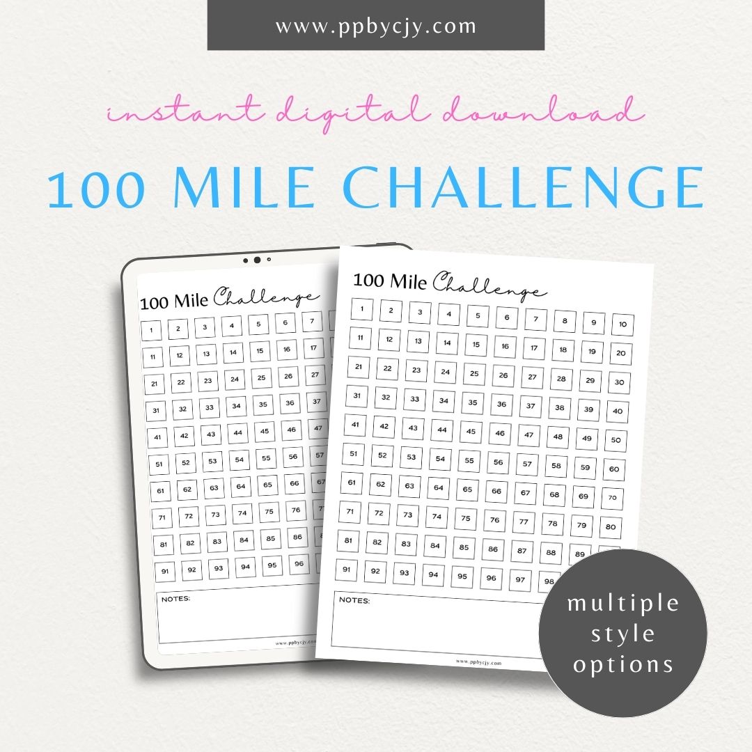 100 Mile Challenge Printable Template – Digital Download for Tracking Your Mileage Goals