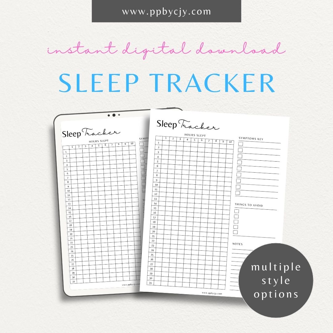 Sleep Tracker Printable Template – Digital download for recording and monitoring your sleep patterns, duration, and quality