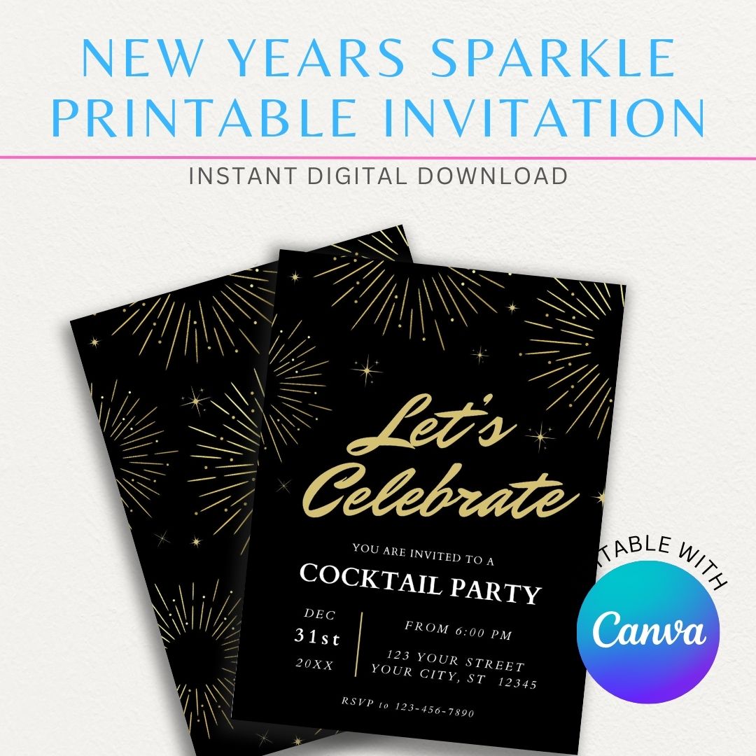 New Year's Eve Sparkle Printable Invitation with festive sparkling accents for a glamorous celebration.