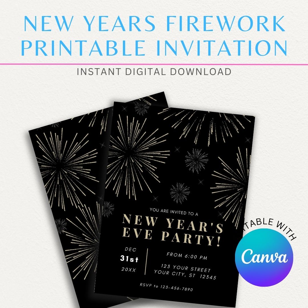 New Year's Eve Firework Printable Invitation with colorful fireworks for a festive celebration.