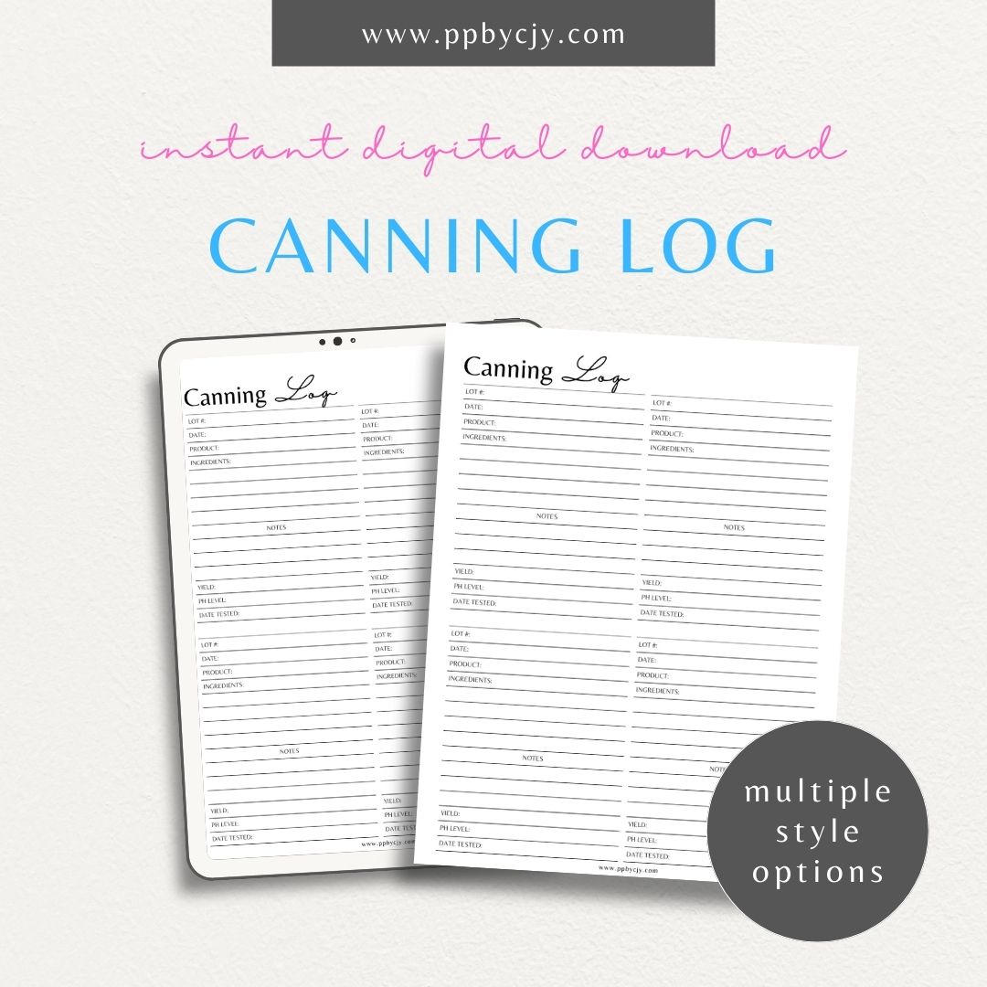 Canning Log Printable Template – Digital download for tracking home canning projects and food preservation.