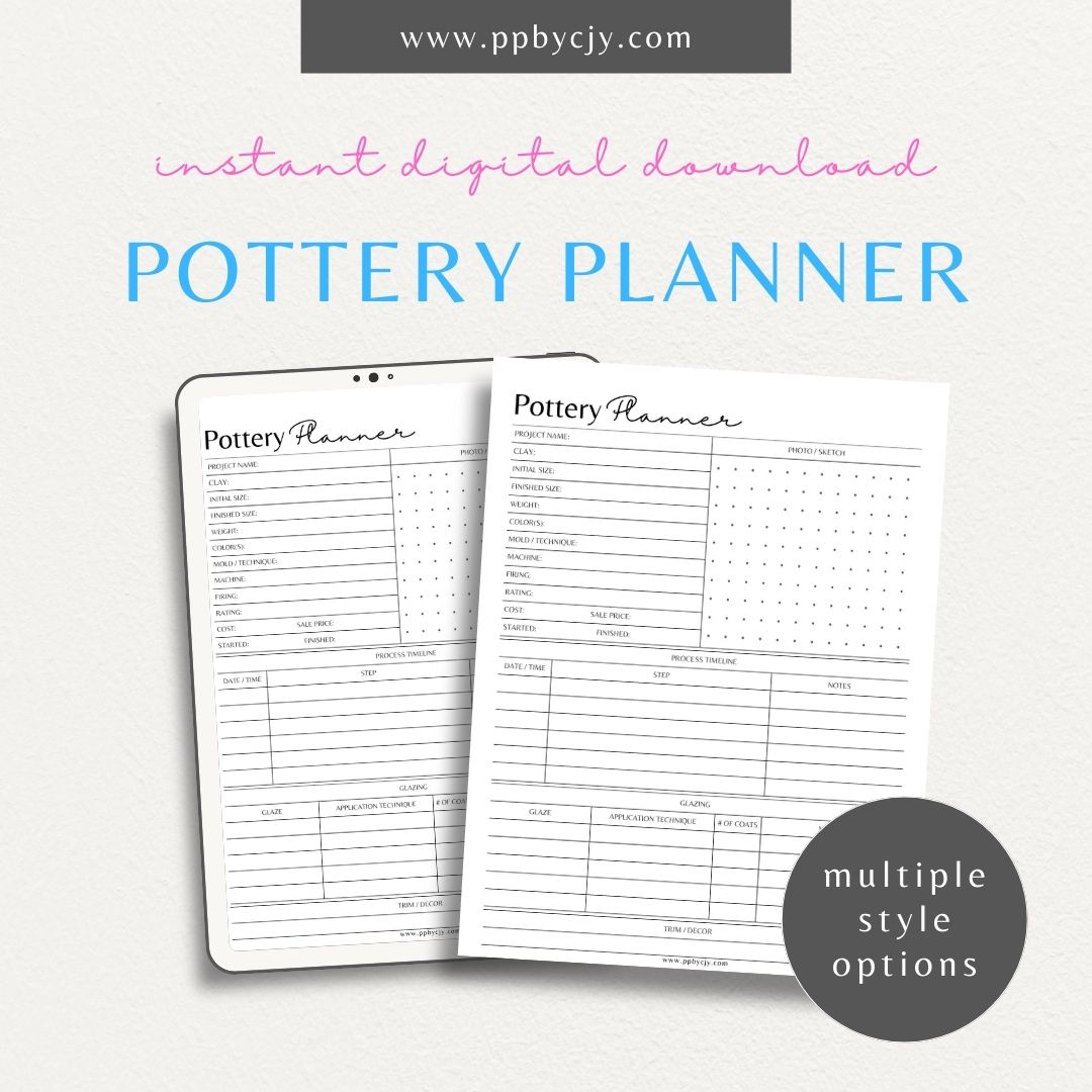 Pottery Planner Printable Template – Digital download for organizing ceramic projects, including design planning, material tracking, and firing schedules