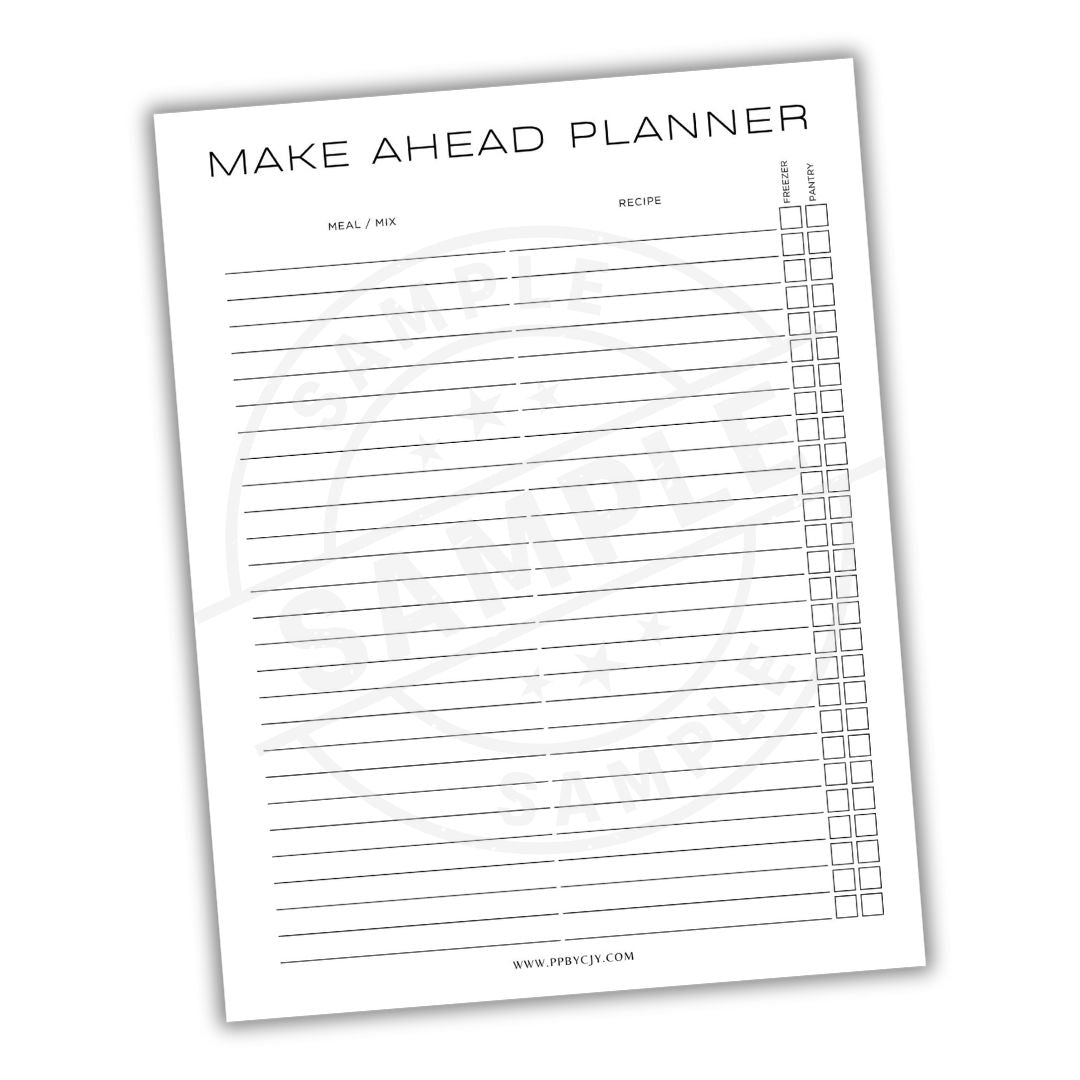 Make Ahead Planner sheet with columns for meal/mix, recipe, and checkboxes on a white background.