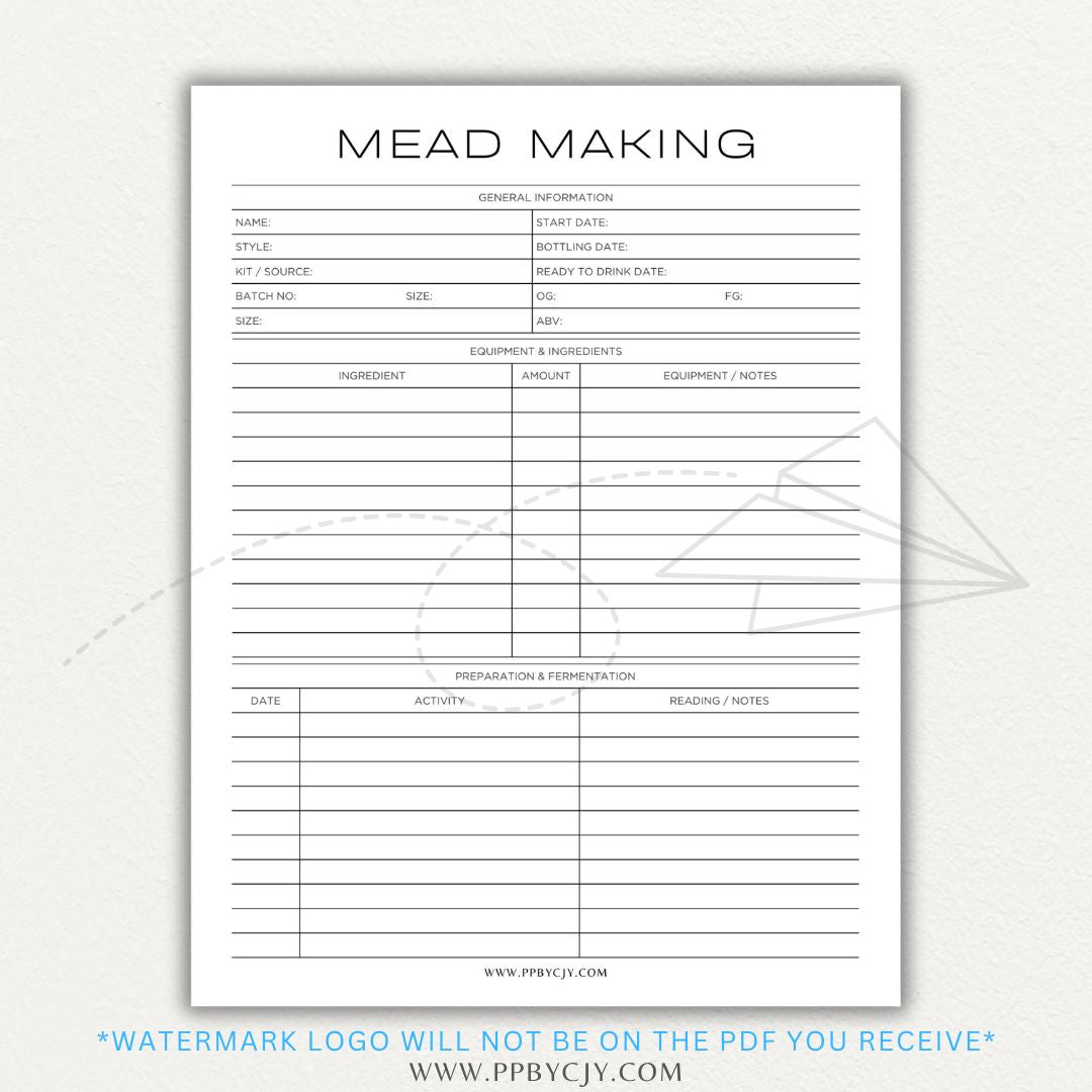 Mead Making Planner Printable PDF Template with recipe tracking, fermentation logs, and bottling details for a seamless brewing process.