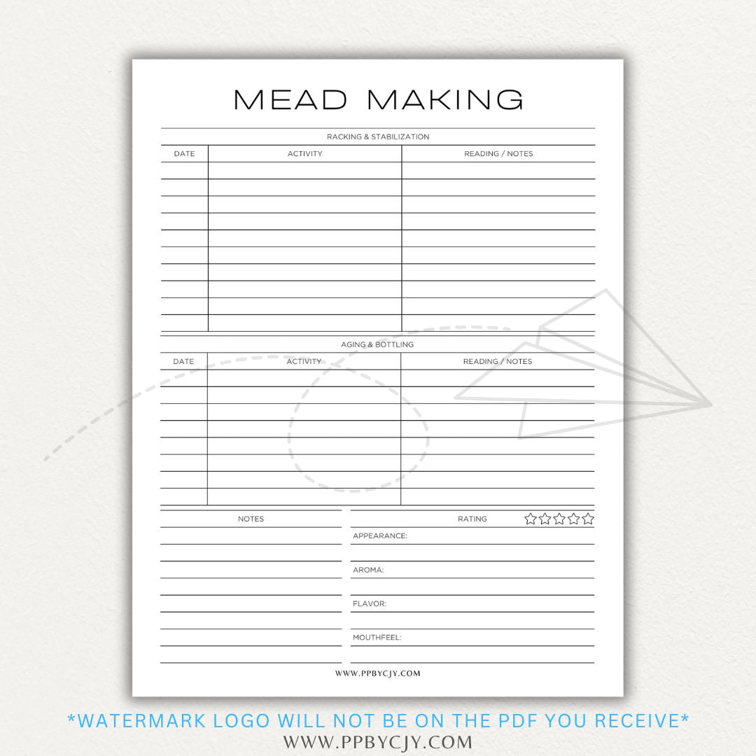 Mead Making Planner Printable PDF Template with recipe tracking, fermentation logs, and bottling details for a seamless brewing process.