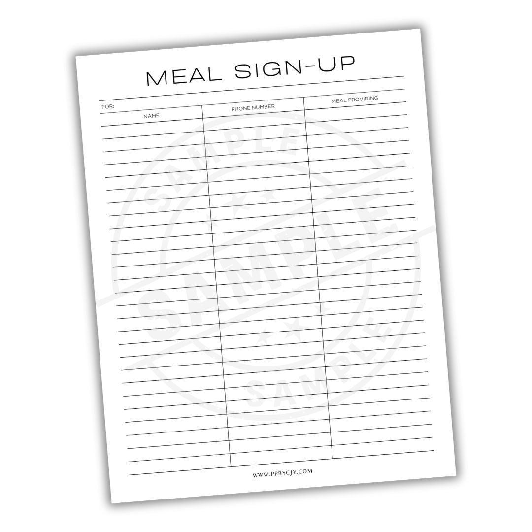 Meal sign-up sheet with columns for name, phone number, and meal providing on a white background.