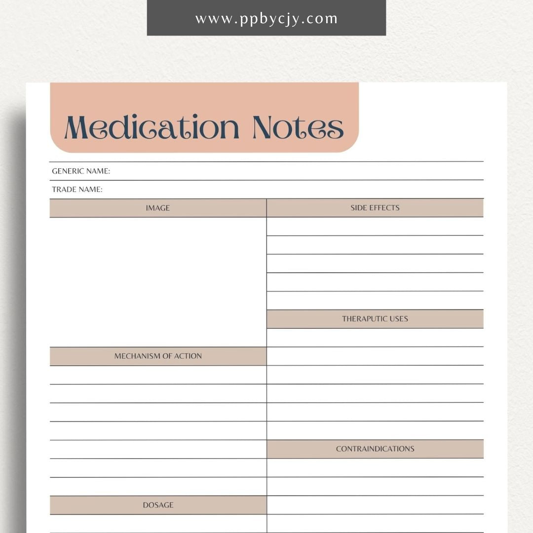 Medication Nursing School Study Aid Printable Template – Digital download for studying and organizing essential medication information, including drug classifications, side effects, and dosing guidelines.