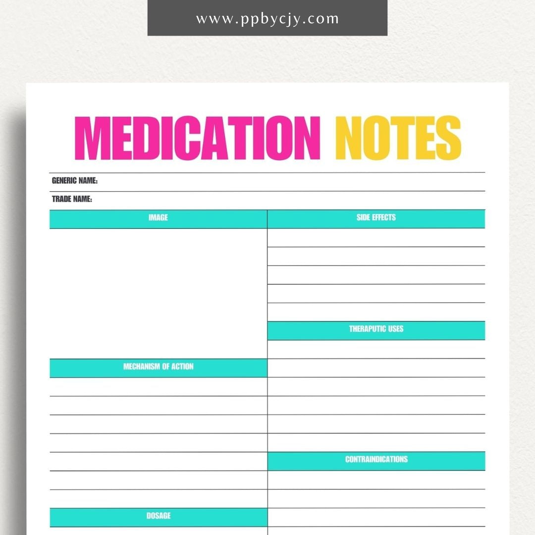Medication Nursing School Study Aid Printable Template – Digital download for studying and organizing essential medication information, including drug classifications, side effects, and dosing guidelines.