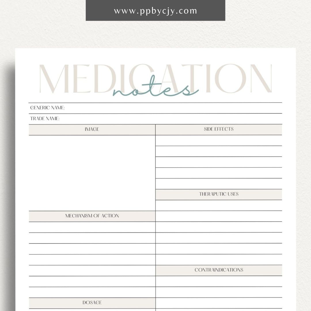 Medication Nursing School Study Aid Printable Template – Digital download for studying and organizing essential medication information, including drug classifications, side effects, and dosing guidelines.