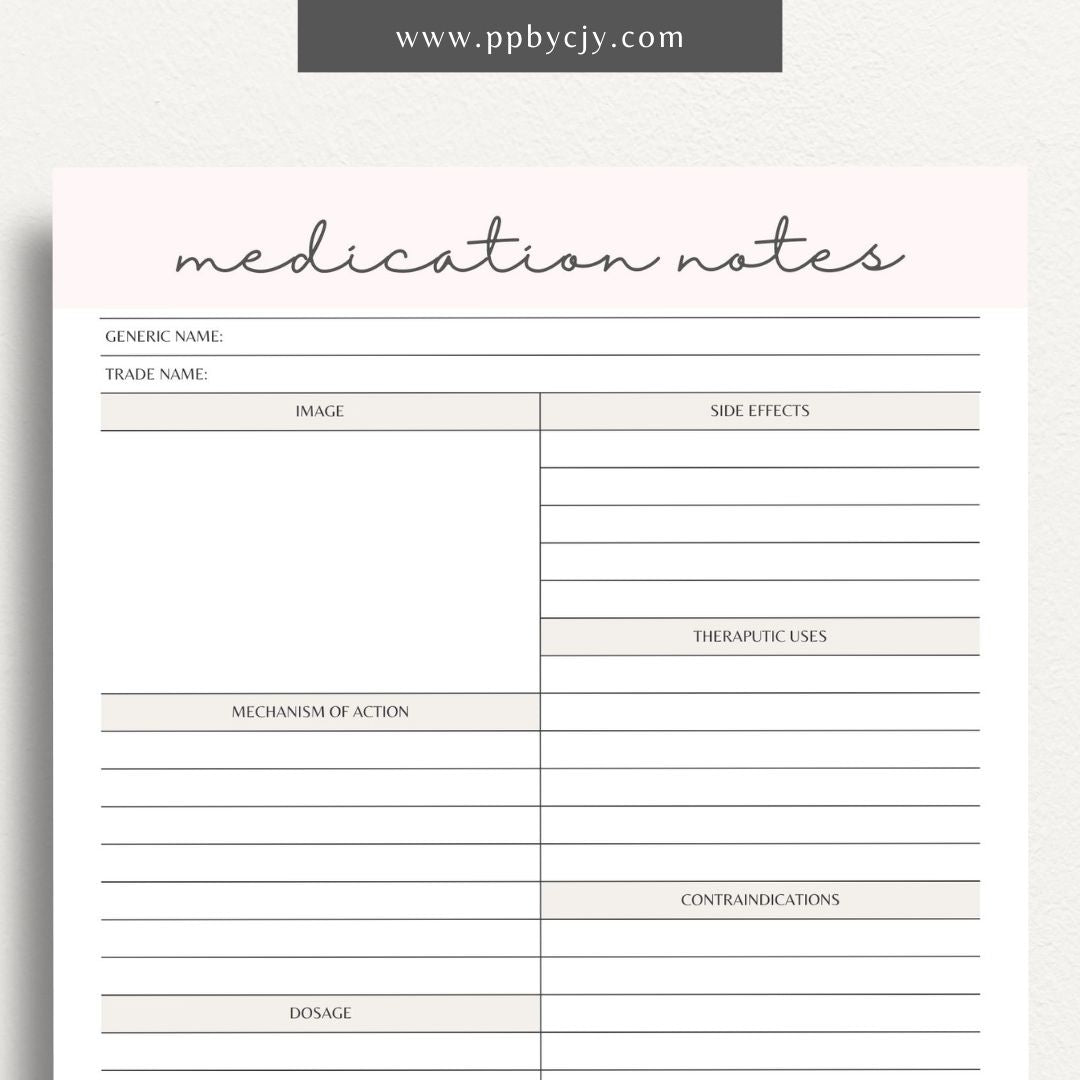 Medication Nursing School Study Aid Printable Template – Digital download for studying and organizing essential medication information, including drug classifications, side effects, and dosing guidelines.