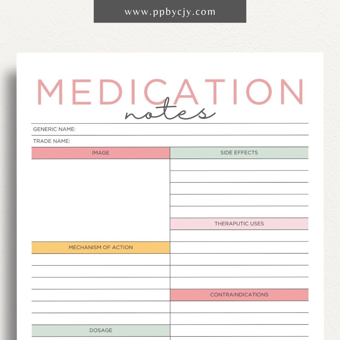 Medication Nursing School Study Aid Printable Template – Digital download for studying and organizing essential medication information, including drug classifications, side effects, and dosing guidelines.