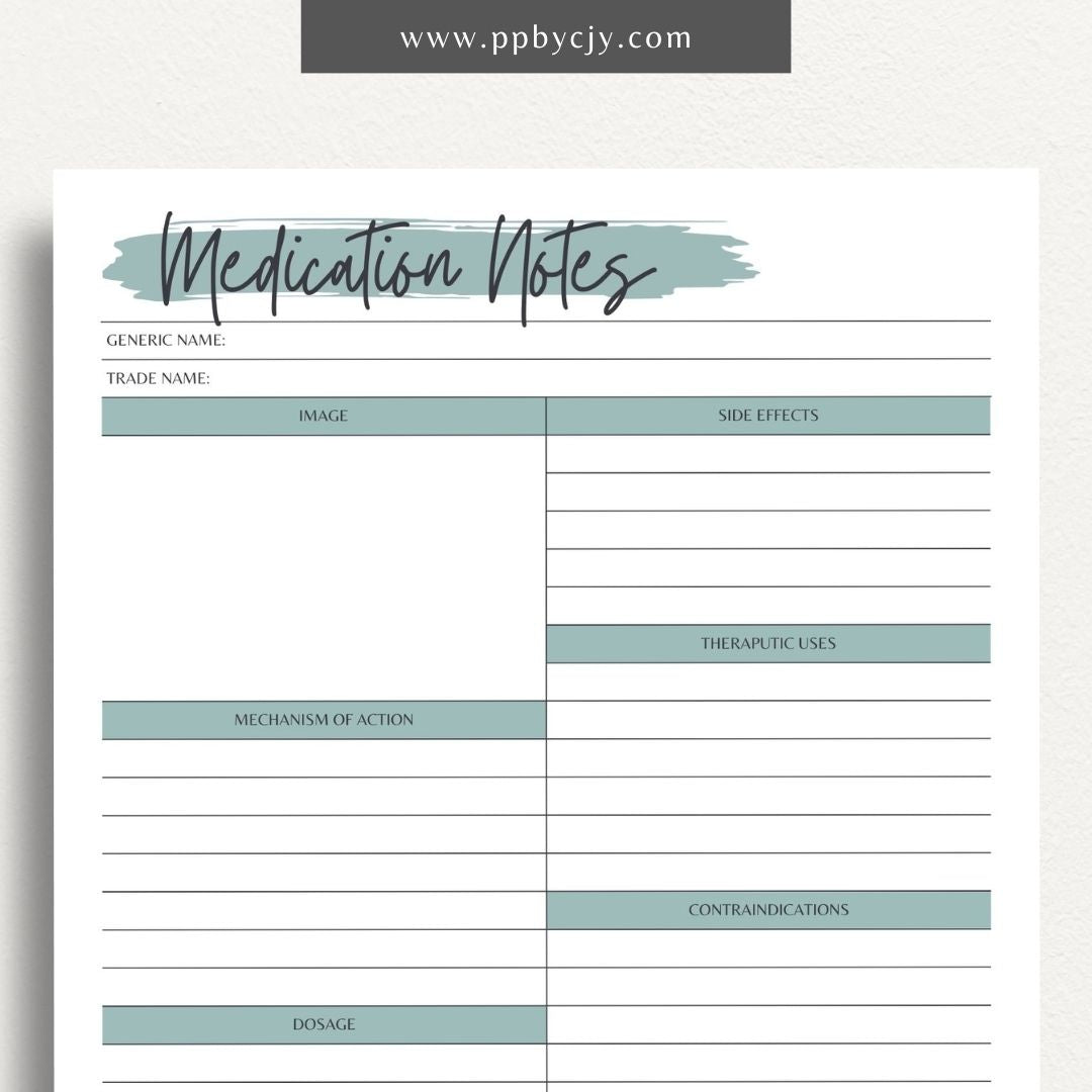 Medication Nursing School Study Aid Printable Template – Digital download for studying and organizing essential medication information, including drug classifications, side effects, and dosing guidelines.