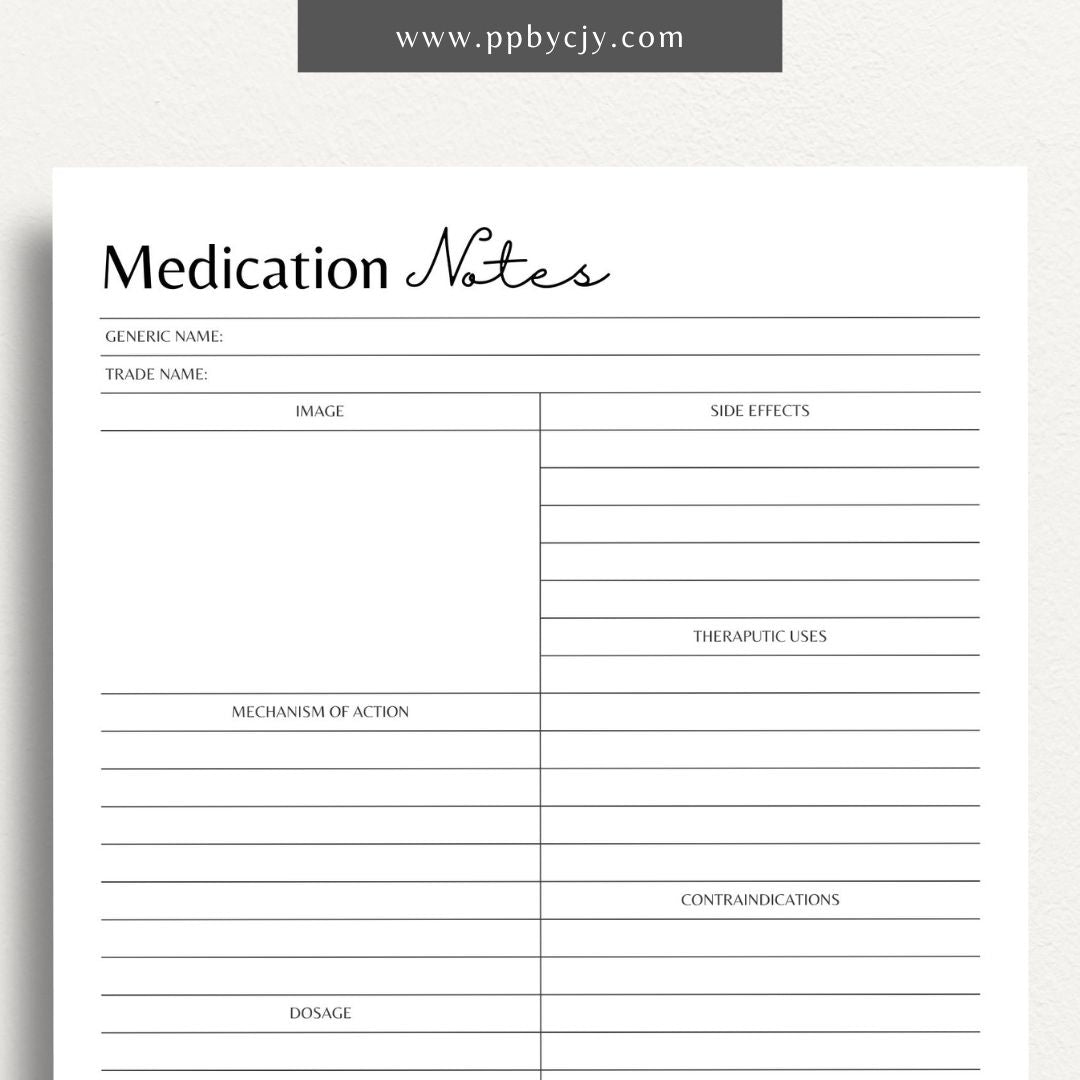 Medication Nursing School Study Aid Printable Template – Digital download for studying and organizing essential medication information, including drug classifications, side effects, and dosing guidelines.