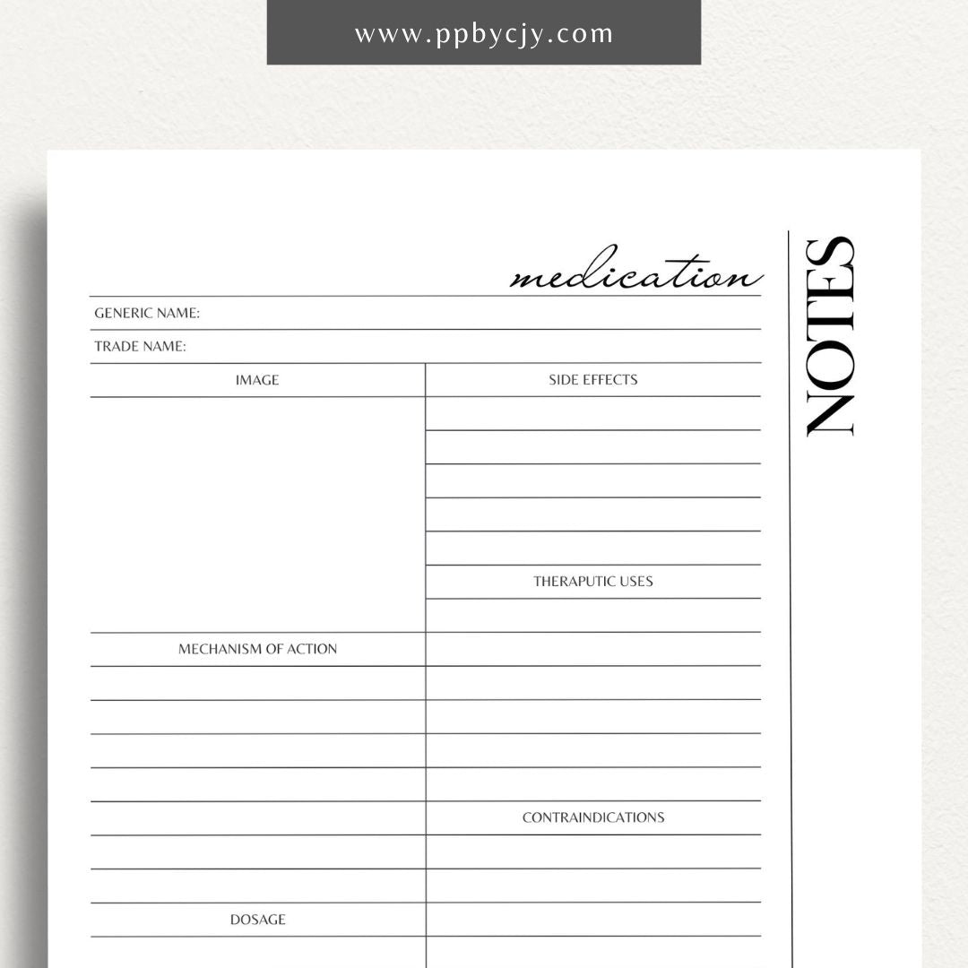 Medication Nursing School Study Aid Printable Template – Digital download for studying and organizing essential medication information, including drug classifications, side effects, and dosing guidelines.