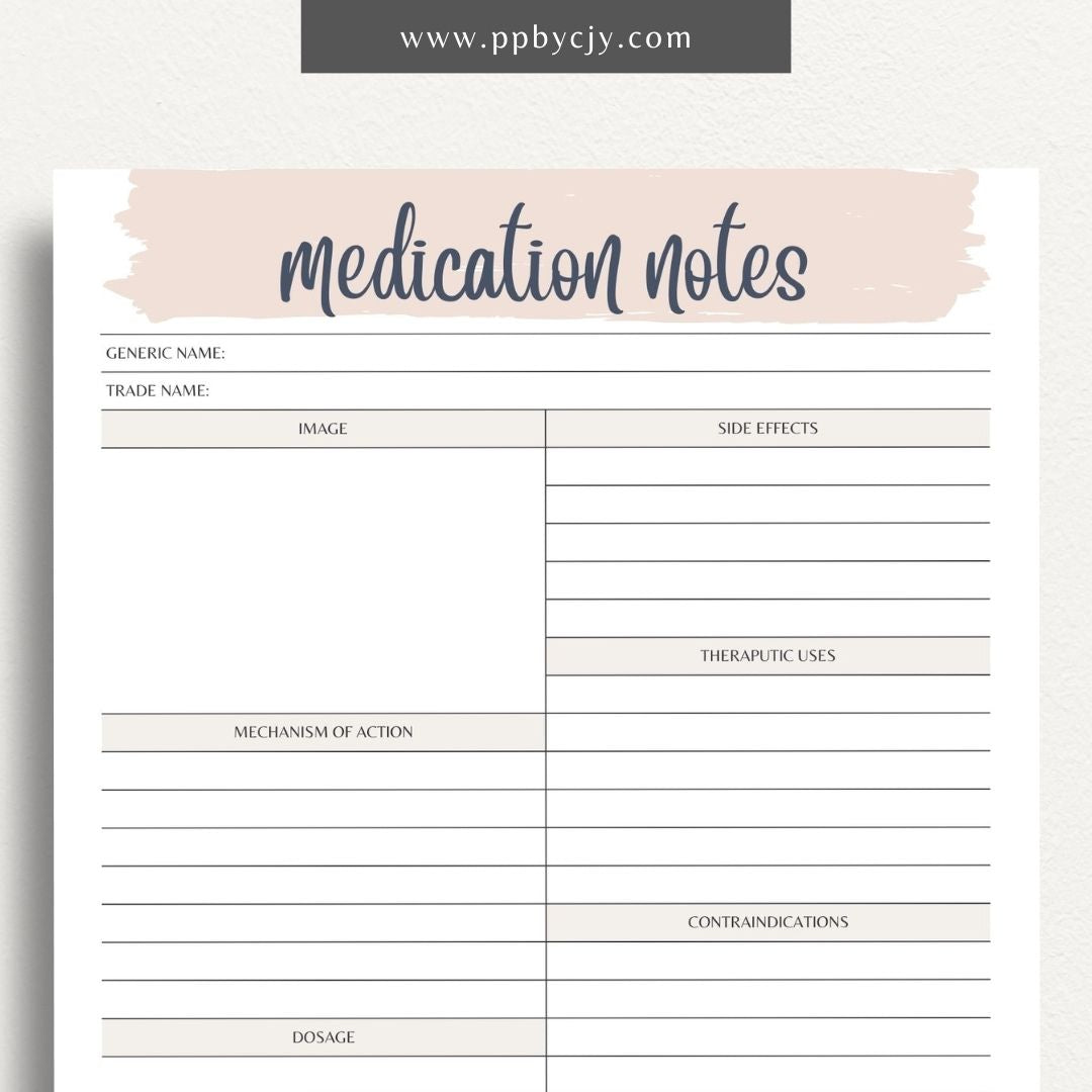 Medication Nursing School Study Aid Printable Template – Digital download for studying and organizing essential medication information, including drug classifications, side effects, and dosing guidelines.
