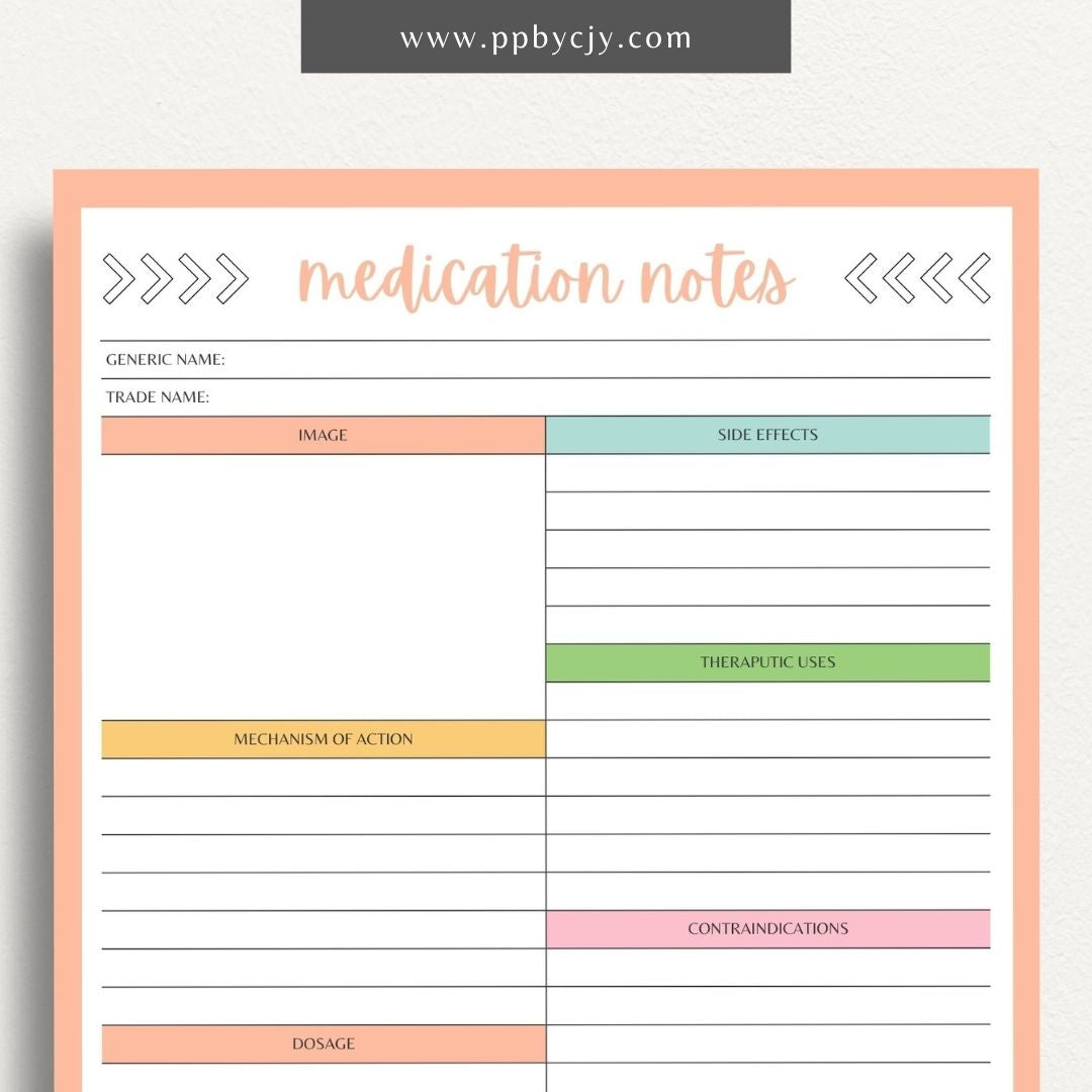 Medication Nursing School Study Aid Printable Template – Digital download for studying and organizing essential medication information, including drug classifications, side effects, and dosing guidelines.