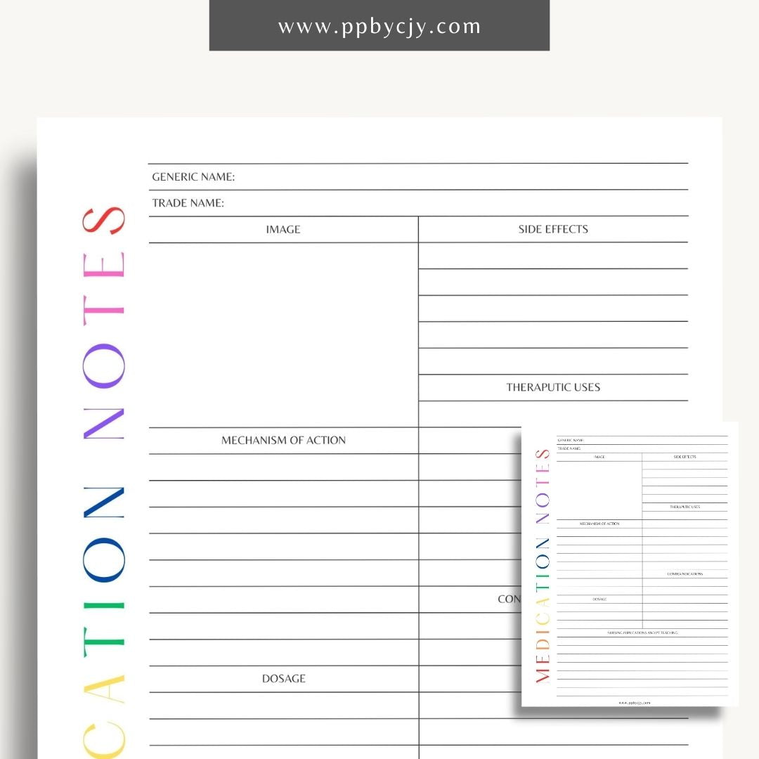 Medication Nursing School Study Aid Printable Template – Digital download for studying and organizing essential medication information, including drug classifications, side effects, and dosing guidelines.