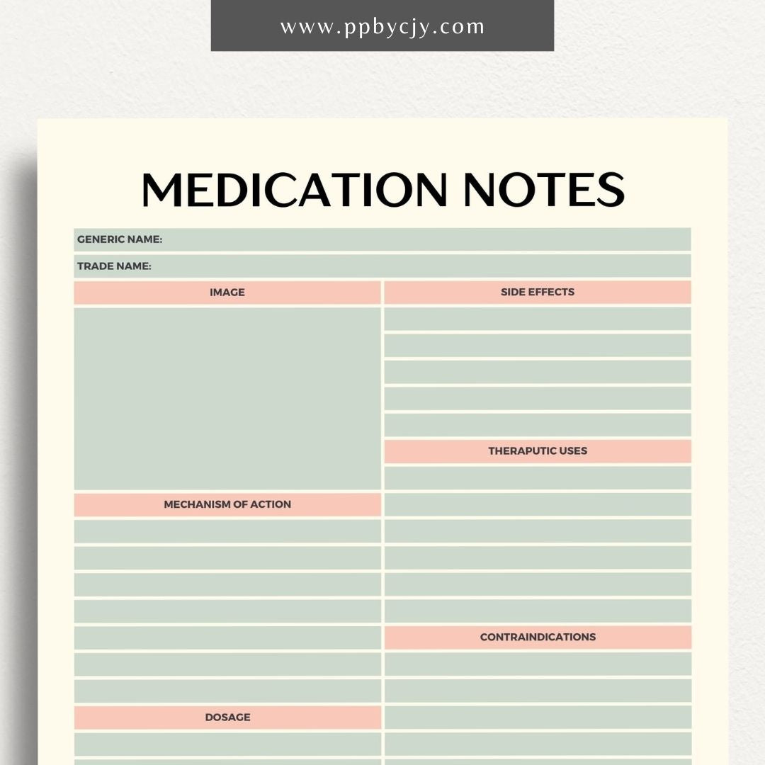 Medication Nursing School Study Aid Printable Template – Digital download for studying and organizing essential medication information, including drug classifications, side effects, and dosing guidelines.
