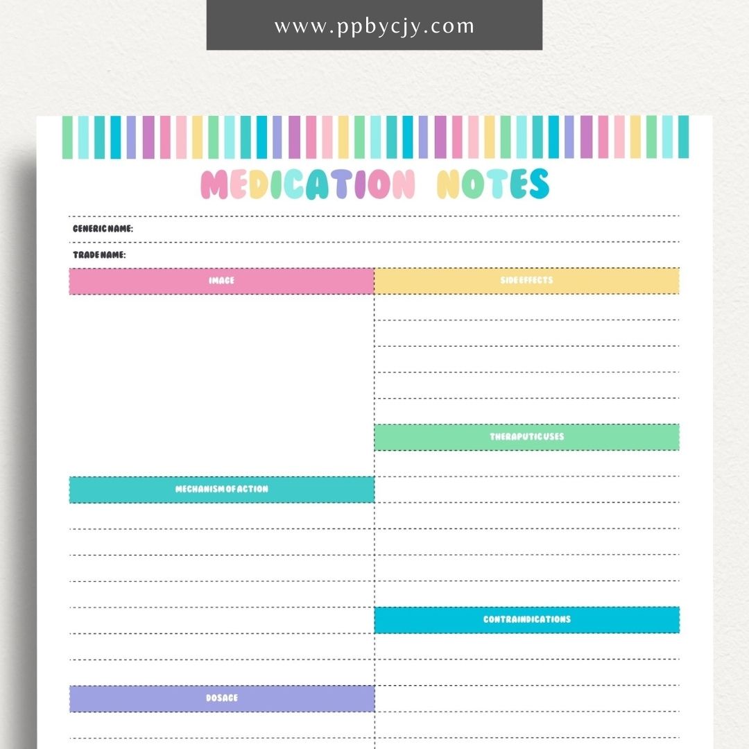 Medication Nursing School Study Aid Printable Template – Digital download for studying and organizing essential medication information, including drug classifications, side effects, and dosing guidelines.