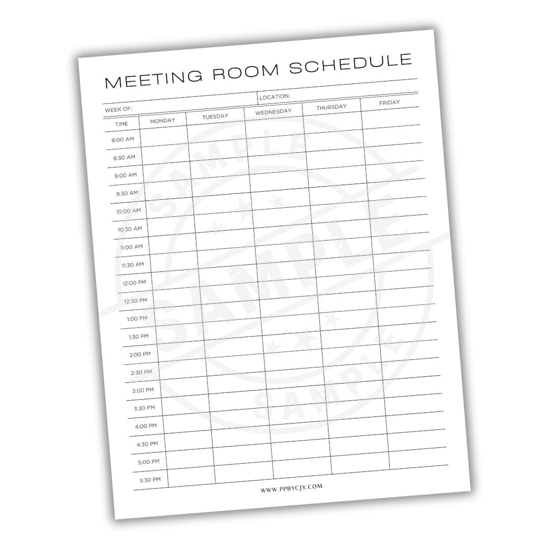 Meeting room schedule sheet with time slots and location on a white background
