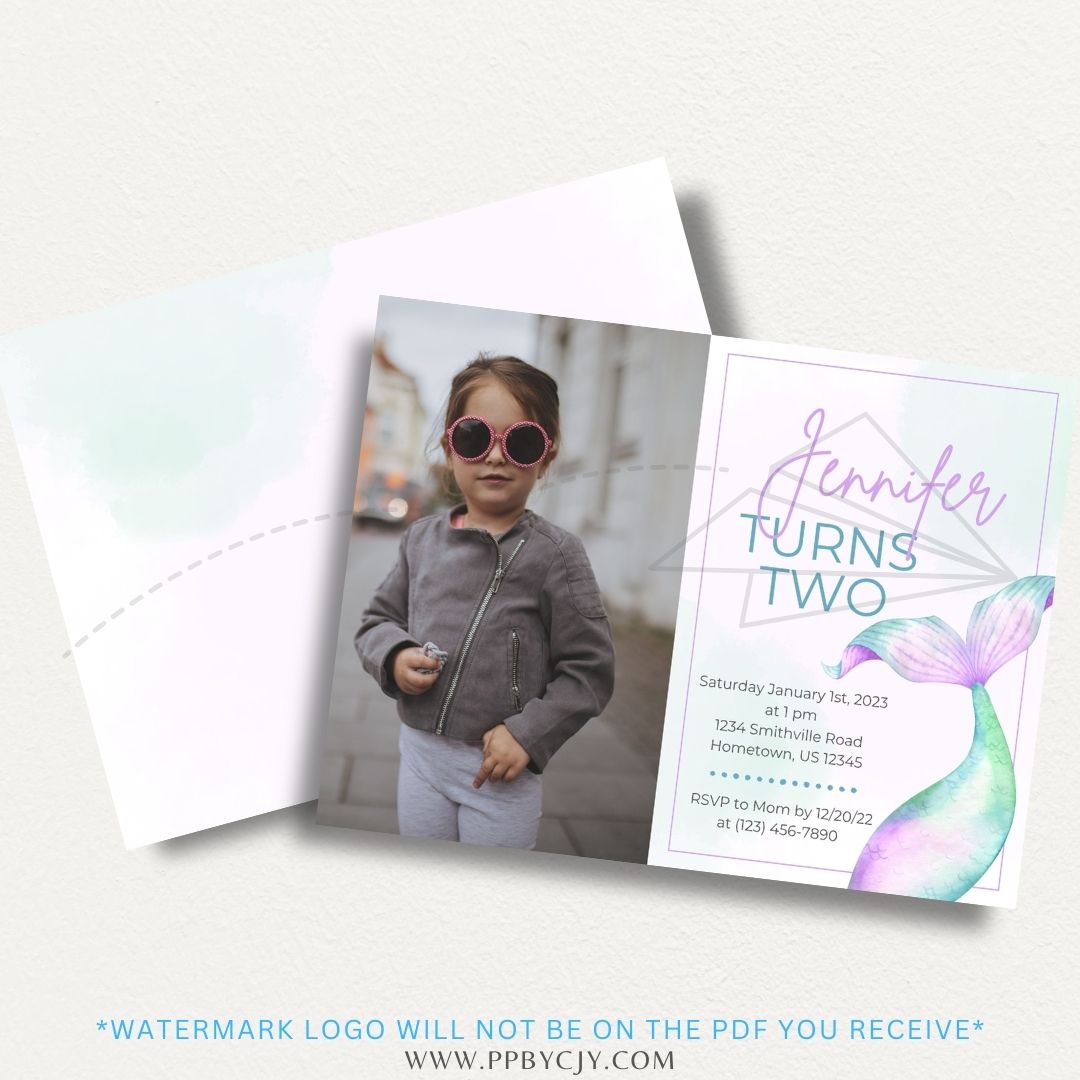 Light watercolor mermaid tail printable invitation featuring a soft and delicate design, perfect for mermaid-themed parties and celebrations.