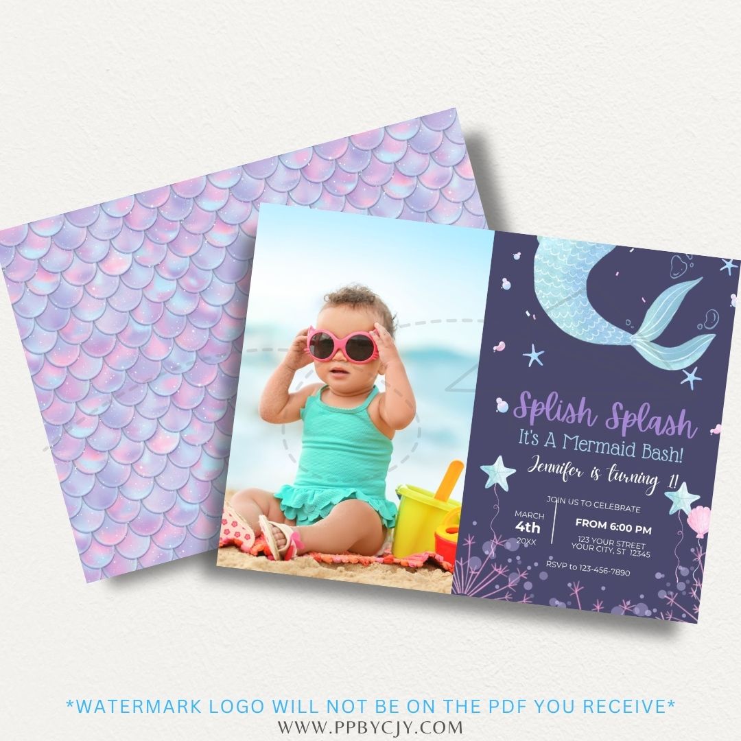 Mermaid tail printable invitation featuring a colorful design with ocean elements, perfect for birthdays and ocean-themed celebrations.